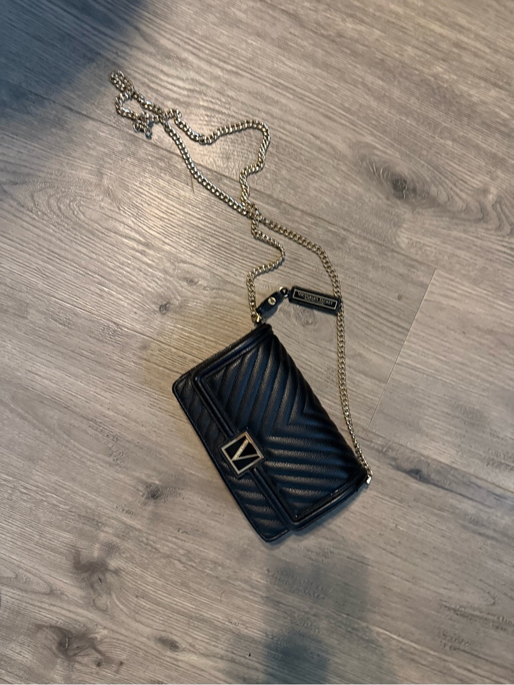 Victoria's Secret Black Quilted Crossbody with Gold Chain